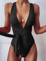 Deep V-Neck Lace Up Slim One Piece