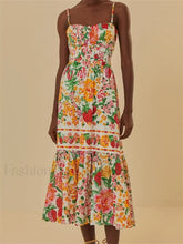Floral Ruched Button Strap Maxi Dress