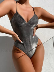 Glitter Sparkling V Neck High Cut One Piece