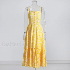 Hollow-Out Square Collar Floral Dress