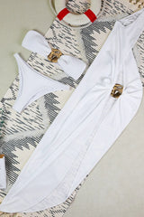 White Ruched High Slit Three Piece Swim Set