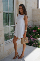 Boat Neck Side Tie Mini Dress-White