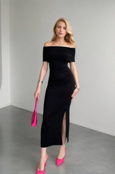 High Waist Off Shoulder Slit Formal Dress