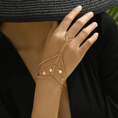 Layered Metal Disc and Chain Finger Bracelet