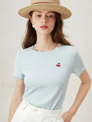 Cherry Embroidered Ruffled Knit T-Shirt