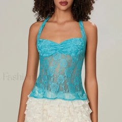 Y2K Lace Camisole Halter Neck Crop Top Two Piece Set