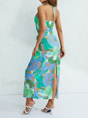 Halterneck Floral Slit Maxi Dress