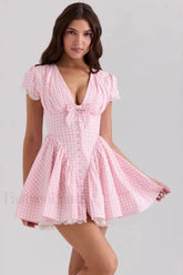 Deep V-Neck Backless Pleated Printed A-Line Mini Dress