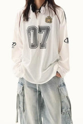 V Neck Graphic Print Oversized Raglan Long Sleeve Tee