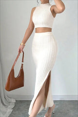 Knit Sweater Tank Top & Split Skirt Sweater Dress