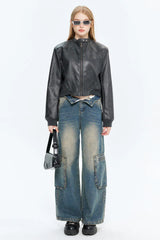 PU Leather Zip Up Bomber Jacket