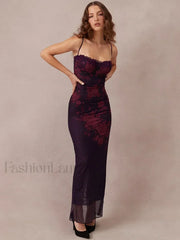 Purple Print Ruched Fishtail Maxi Dress