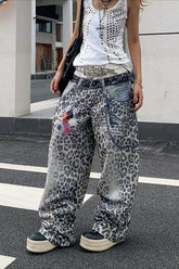 Vintage Leopard Printed Color Block Straight Leg Jeans