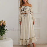 Fall Skirts Tie-up Off Shoulder Tops Elastic Waist Skirt Two Piece Set