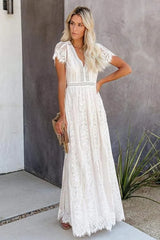 Lace V Neck Short Sleeve Hollow Out Boho Dress