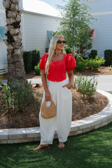 Clara Scalloped Lace Trim Top-Red