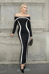 Contrasting Color Waist-Wrapped One-Shoulder Flared Maxi Dress
