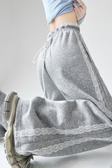 Lace Panel Athletic Wide Leg High Waist Pants
