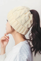Solid Color Ribbed Ponytail Beanie Hat