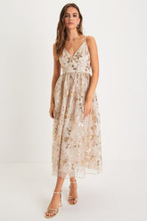 Glittery Glamour Gold Floral Embroidered Sequin Midi Dress