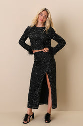 Sparkling Behavior Black Sequin High-Rise Midi Skirt