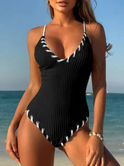 V Neck Ribbed Cross Backless One Piece