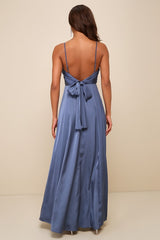 Serene Sensation Slate Blue Satin Bow Sleeveless Maxi Dress