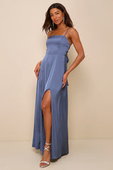 Serene Sensation Slate Blue Satin Bow Sleeveless Maxi Dress