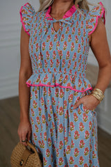 Floral Smocked Peplum Tiered Midi Dress-Blue