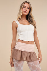 Bell Beige and Brown Studded Lace-Up Chiffon Micro Mini Skirt