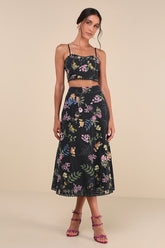 Sweet At Heart Black Floral Embroidered Two-Piece Midi Dress