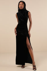 Alluring Image Black Ruched Velvet Mock Neck Maxi Dress