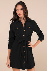 Simple Affection Black Corduroy Mini Dress With Pockets