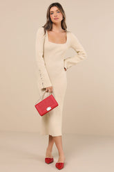 Classy Attitude Beige Ribbed Square Neck Midi Sweater Dress