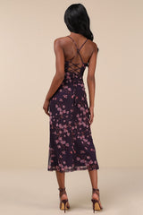 Total Crush Purple Floral Print Mesh Lace-Up Midi Dress