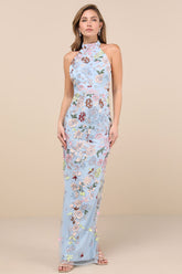 Infinite Praise Blue 3D Floral Embroidered Halter Maxi Dress
