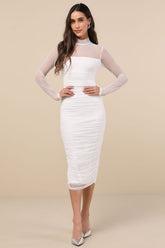 Impressive Flirt White Mesh Ruched Mock Neck Midi Dress