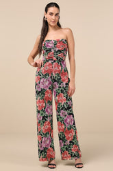 Layka Black Multi Floral Mesh Wide-Leg Jumpsuit
