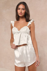 Keona Ivory Satin Lace Ruffled Two-Piece Pajama Set