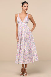 Brightly Blossoming Pink Multi Floral Tiered Midi Dress