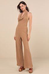 Cove Light Brown Textured High-Rise Pants