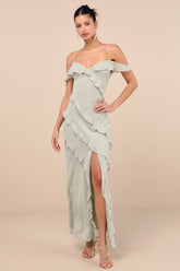 Elara Light Sage Ruffled Maxi Dress