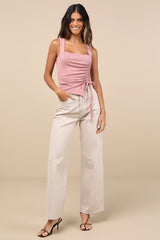 Certainly Flirty Mauve Pink Ribbed Ruched Square Neck Tank Top