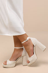 Pandro Pearl True White Satin Platform High Heel Sandals