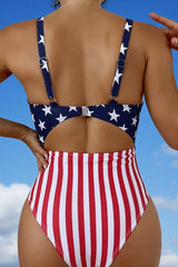 US Flag Cutout Tie Cross One Piece Swimwear