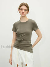 Wool Slim Stripe Irregular Hem T-Shirt