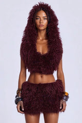 Faux Fur Hooded U Neck Backless Crop Top Mini Skirt Set