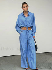 Fashion Long Sleeve Collar Pants Two Piece Set