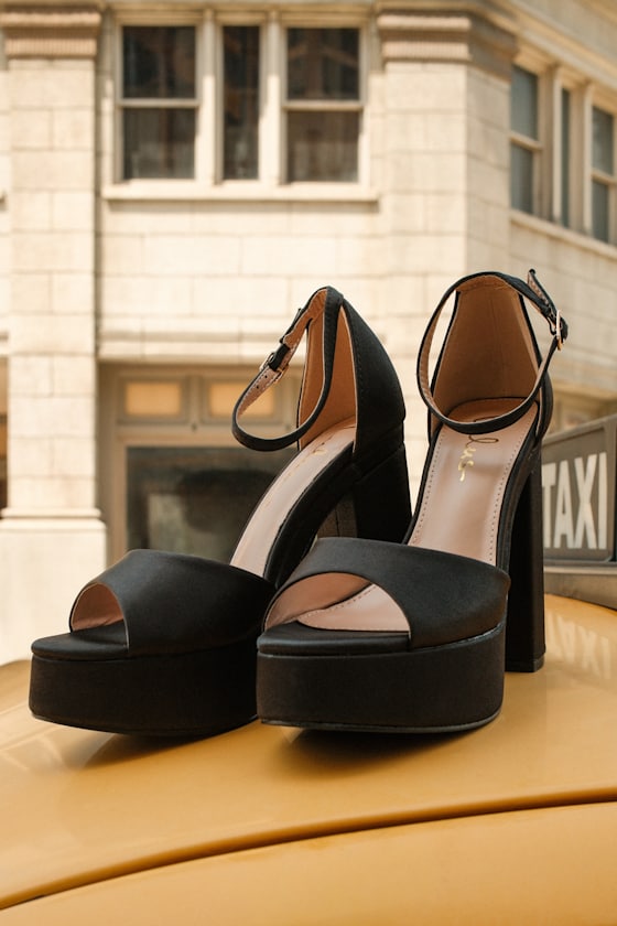 Orsola Black Satin Platform Ankle Strap Sandals