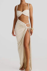 Solid Backless Hollow Beach Maxi Skirt Set